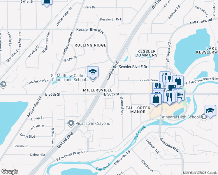 map of restaurants, bars, coffee shops, grocery stores, and more near 4200 East 56th Street in Indianapolis