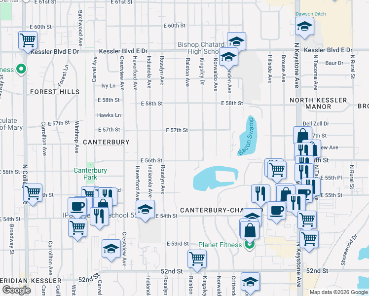 map of restaurants, bars, coffee shops, grocery stores, and more near 5651 Ralston Avenue in Indianapolis