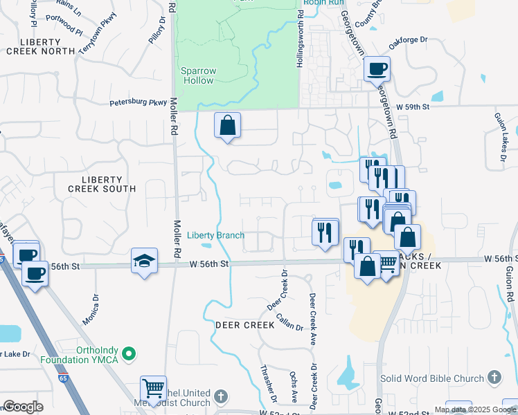 map of restaurants, bars, coffee shops, grocery stores, and more near 5222 Pin Oak Drive in Indianapolis