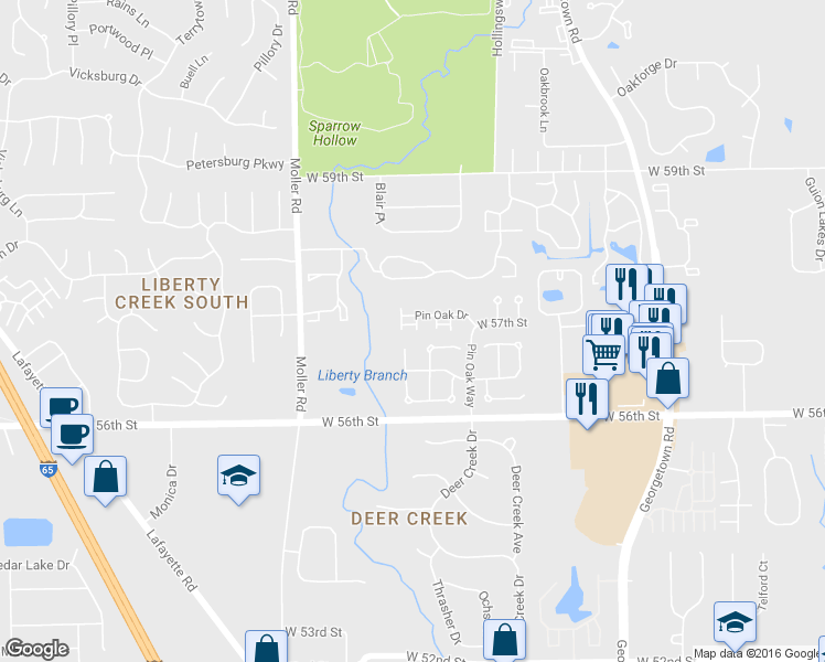 map of restaurants, bars, coffee shops, grocery stores, and more near 5222 Pin Oak Drive in Indianapolis