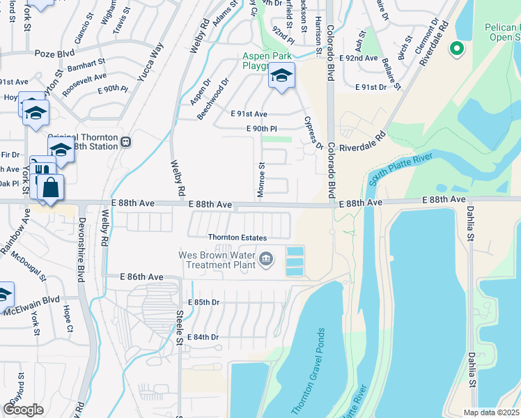 map of restaurants, bars, coffee shops, grocery stores, and more near 3600 East 88th Avenue in Thornton
