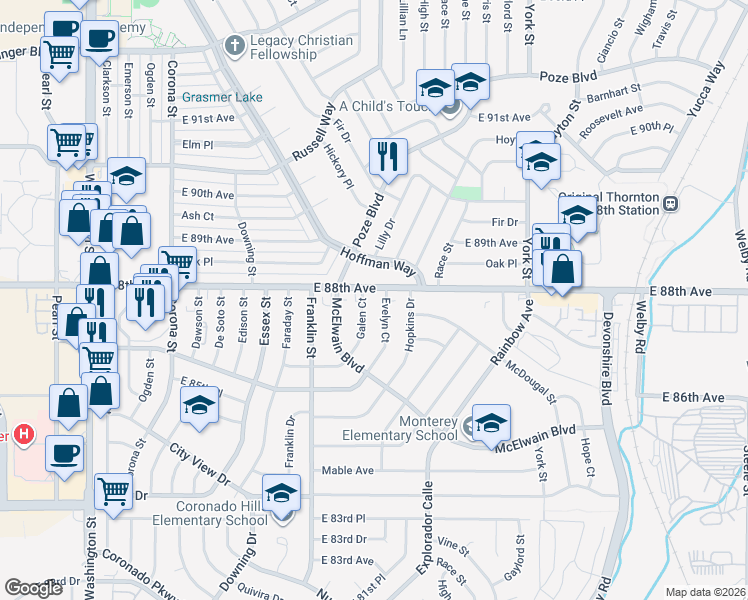 map of restaurants, bars, coffee shops, grocery stores, and more near 1751 East 88th Avenue in Thornton