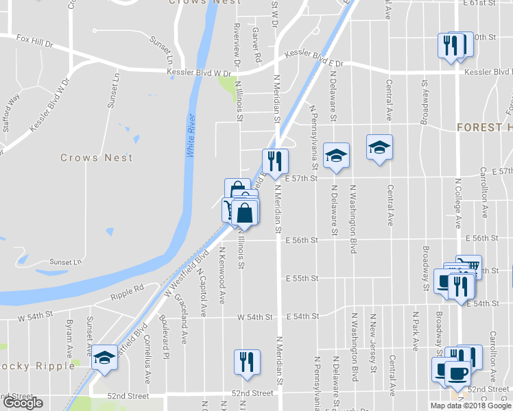 map of restaurants, bars, coffee shops, grocery stores, and more near 79 West Westfield Boulevard in Indianapolis