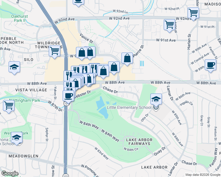 map of restaurants, bars, coffee shops, grocery stores, and more near 7055 West 88th Avenue in Broomfield