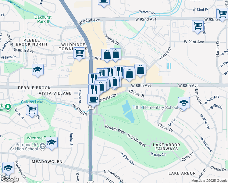 map of restaurants, bars, coffee shops, grocery stores, and more near 7401-7483 West 88th Avenue in Westminster