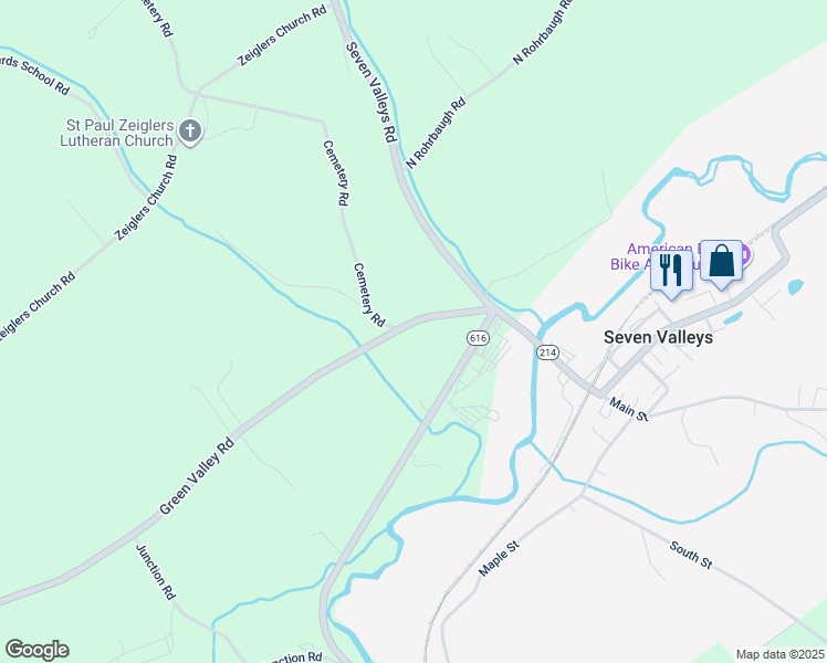 map of restaurants, bars, coffee shops, grocery stores, and more near 3760 Green Valley Road in Seven Valleys