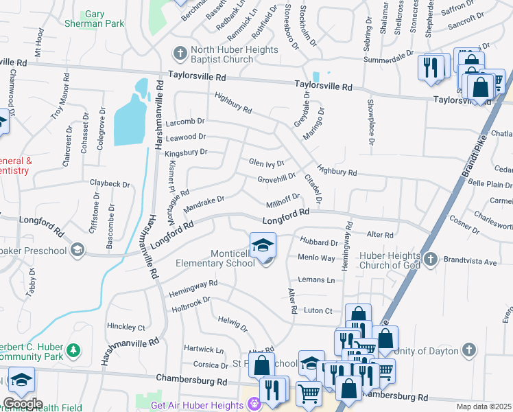 map of restaurants, bars, coffee shops, grocery stores, and more near 6529 Millhoff Drive in Dayton