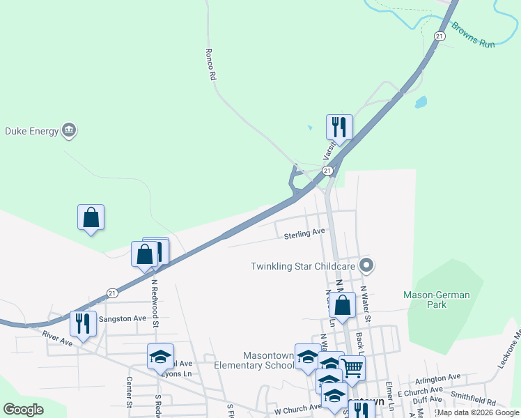 map of restaurants, bars, coffee shops, grocery stores, and more near 2058 McClellandtown Road in Masontown