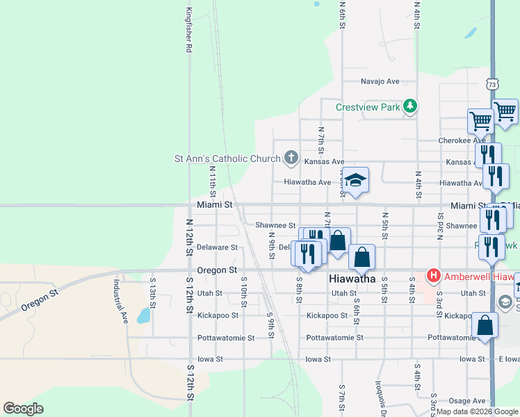 map of restaurants, bars, coffee shops, grocery stores, and more near 400-498 North 9th Street in Hiawatha