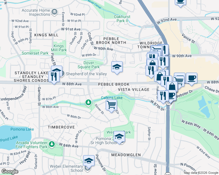map of restaurants, bars, coffee shops, grocery stores, and more near 8386 West 87th Drive in Arvada