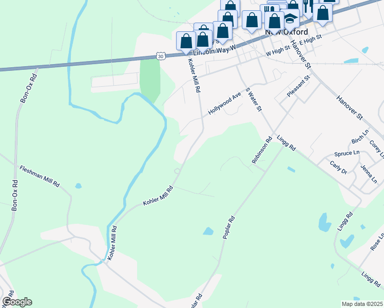 map of restaurants, bars, coffee shops, grocery stores, and more near 380 Kohler Mill Road in New Oxford