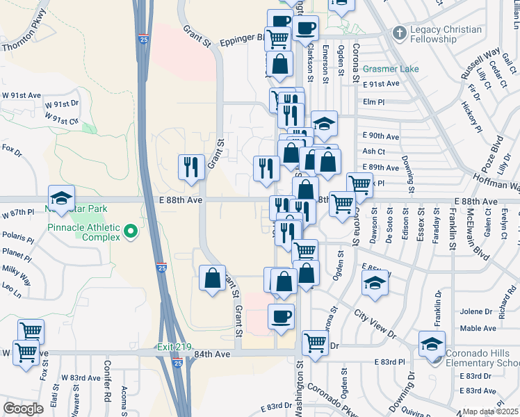 map of restaurants, bars, coffee shops, grocery stores, and more near 8751 Pearl Street in Thornton