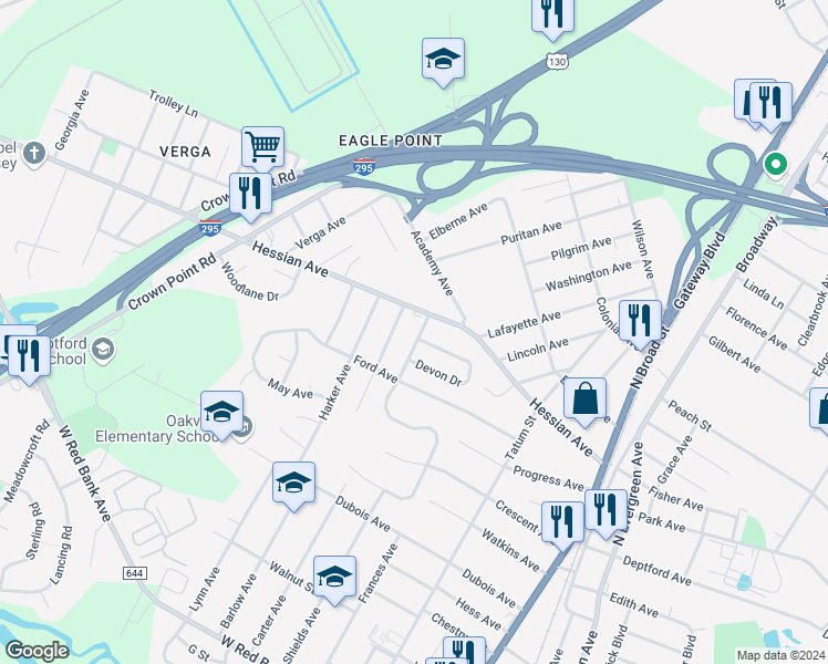 map of restaurants, bars, coffee shops, grocery stores, and more near 1185 Lawnton Avenue in Woodbury