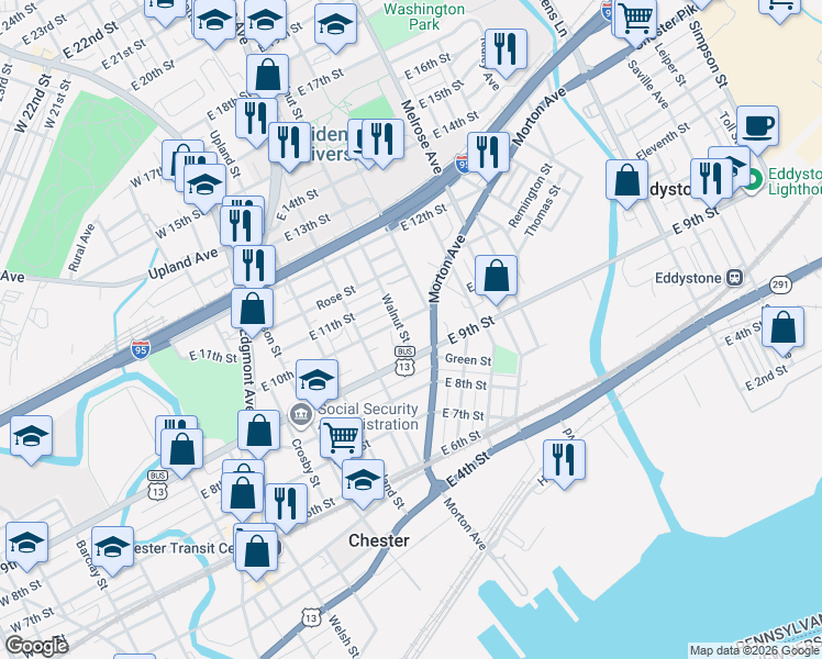 map of restaurants, bars, coffee shops, grocery stores, and more near 1002 Morton Avenue in Chester