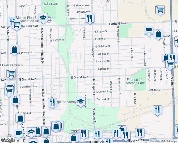 map of restaurants, bars, coffee shops, grocery stores, and more near 1443 North Jasper Street in Decatur