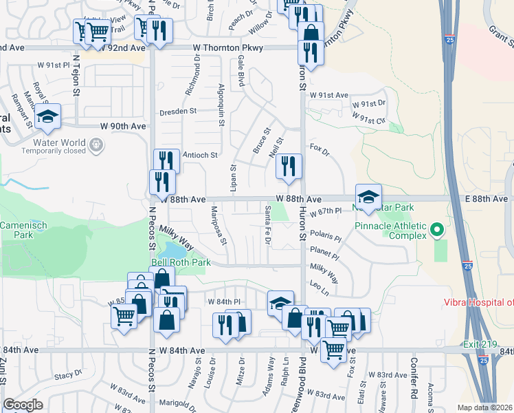 map of restaurants, bars, coffee shops, grocery stores, and more near 8801 Bruce Street in Thornton
