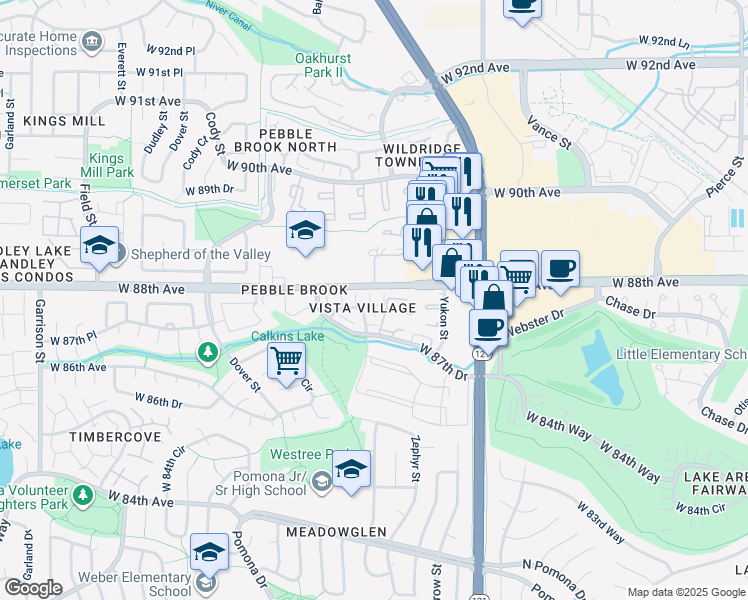 map of restaurants, bars, coffee shops, grocery stores, and more near 8774 Allison Drive in Arvada