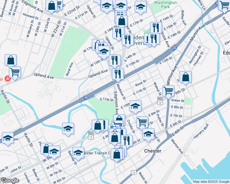 map of restaurants, bars, coffee shops, grocery stores, and more near 201 East 12th Street in Chester