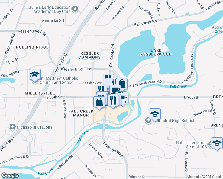 map of restaurants, bars, coffee shops, grocery stores, and more near 5660 Emerson Way in Indianapolis