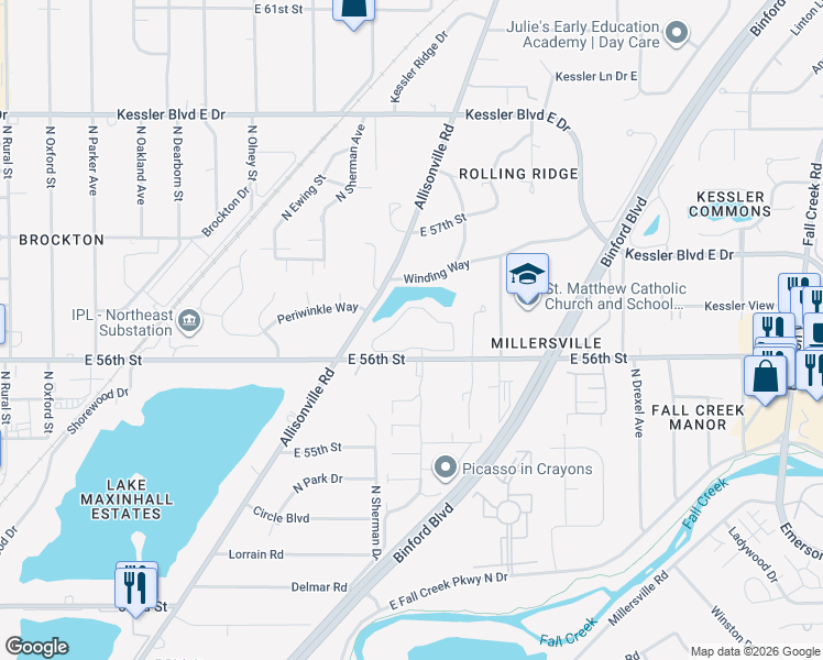 map of restaurants, bars, coffee shops, grocery stores, and more near 25 Arbor Green Way in Indianapolis