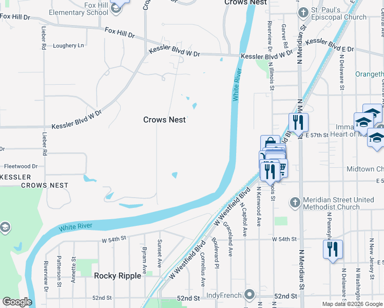 map of restaurants, bars, coffee shops, grocery stores, and more near 5635 Sunset Lane in Indianapolis