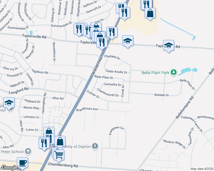map of restaurants, bars, coffee shops, grocery stores, and more near 7220 Belle Plain Drive in Dayton