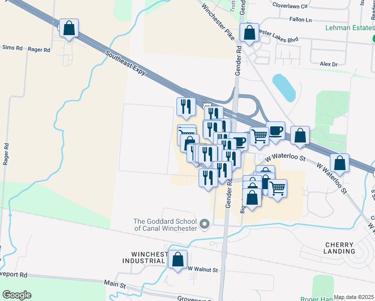 map of restaurants, bars, coffee shops, grocery stores, and more near 6095 Gender Road in Canal Winchester
