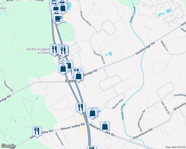 map of restaurants, bars, coffee shops, grocery stores, and more near 1078 Smithbridge Road in Delaware County