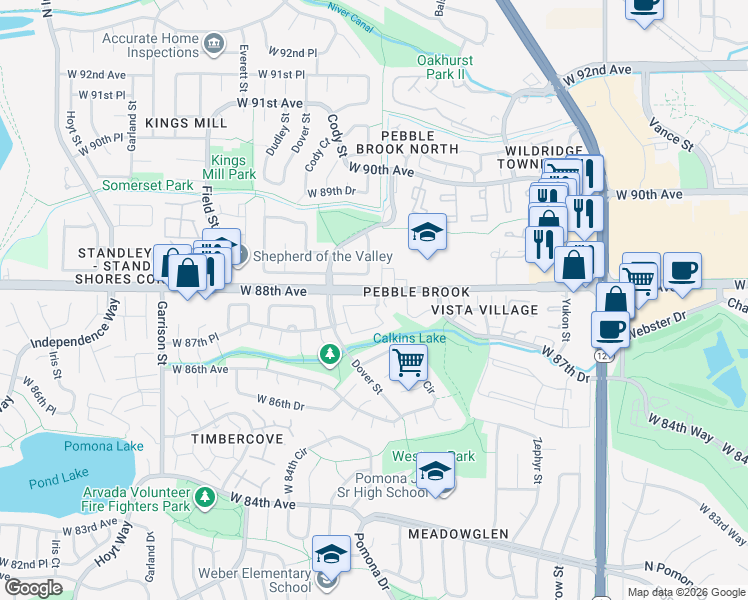 map of restaurants, bars, coffee shops, grocery stores, and more near 8510 West 88th Place in Westminster
