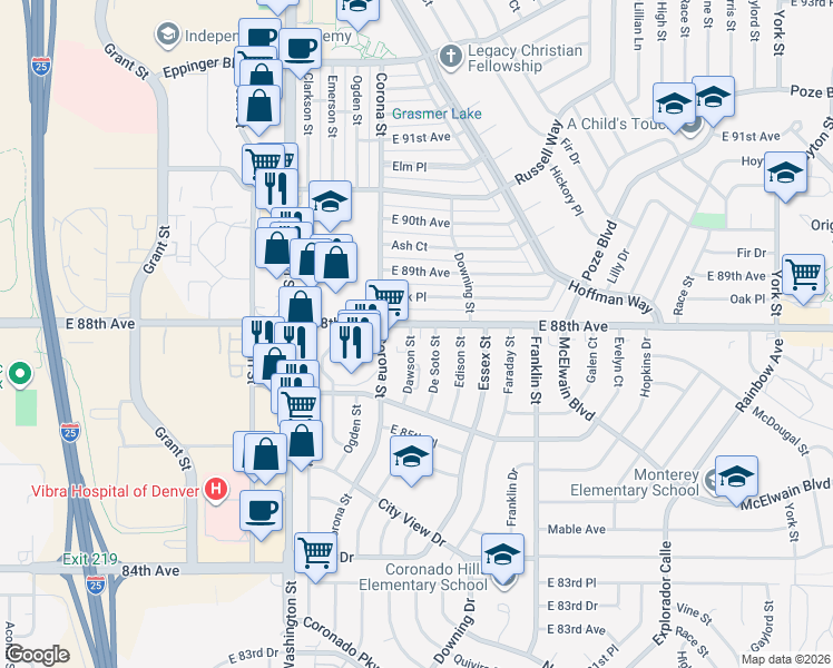 map of restaurants, bars, coffee shops, grocery stores, and more near 1031 East 88th Avenue in Thornton