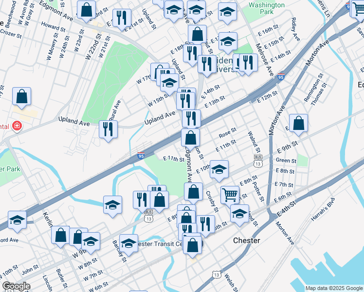 map of restaurants, bars, coffee shops, grocery stores, and more near 201 East 12th Street in Chester