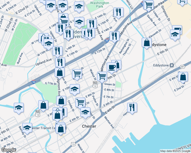 map of restaurants, bars, coffee shops, grocery stores, and more near 931 Walnut Street in Chester