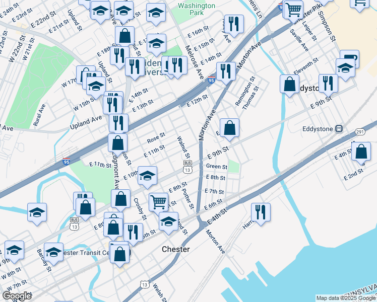 map of restaurants, bars, coffee shops, grocery stores, and more near 931 Walnut Street in Chester
