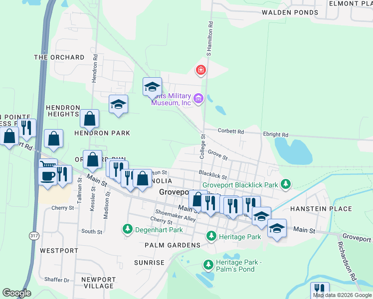 map of restaurants, bars, coffee shops, grocery stores, and more near 464 Grove Street in Groveport