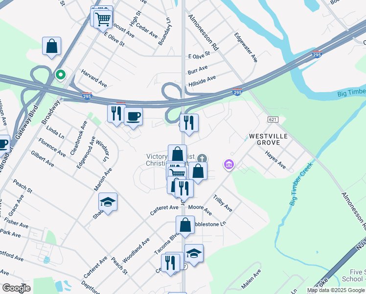 map of restaurants, bars, coffee shops, grocery stores, and more near Delsea Dr & Shetland Way in Westville