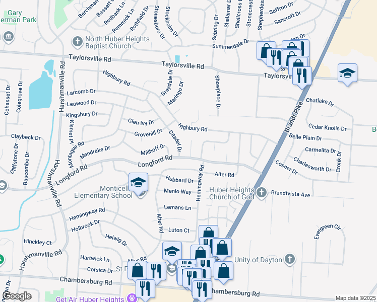 map of restaurants, bars, coffee shops, grocery stores, and more near 7109 Encanto Place in Dayton