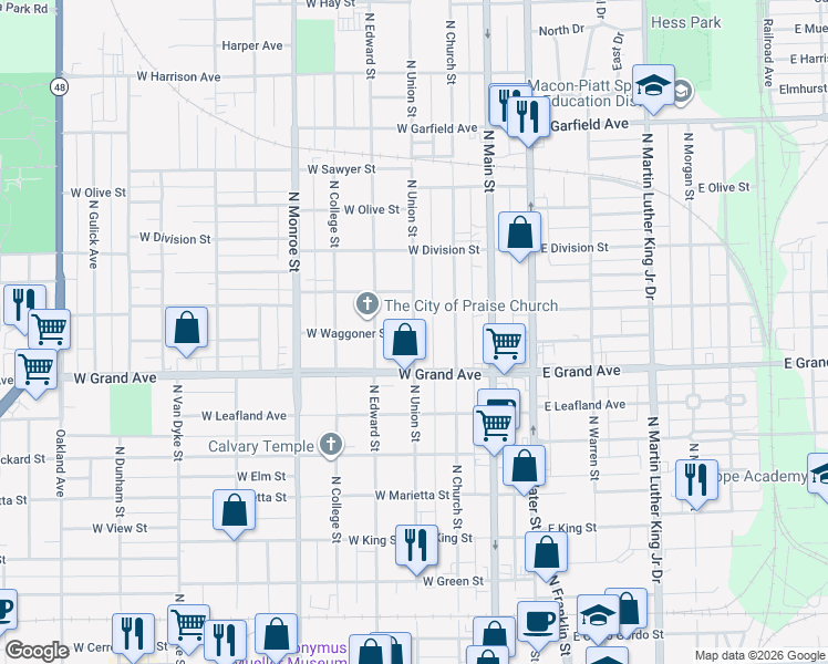map of restaurants, bars, coffee shops, grocery stores, and more near 1400 North Union Street in Decatur