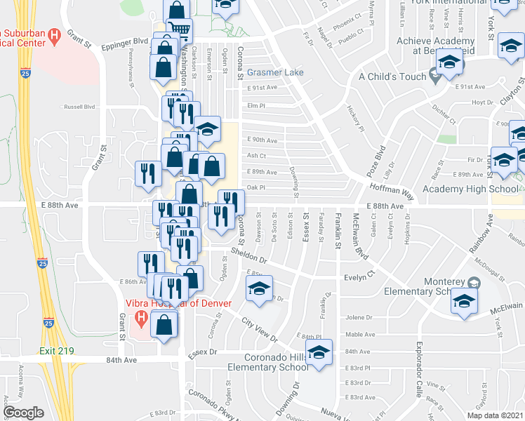 map of restaurants, bars, coffee shops, grocery stores, and more near 1031 East 88th Avenue in Thornton
