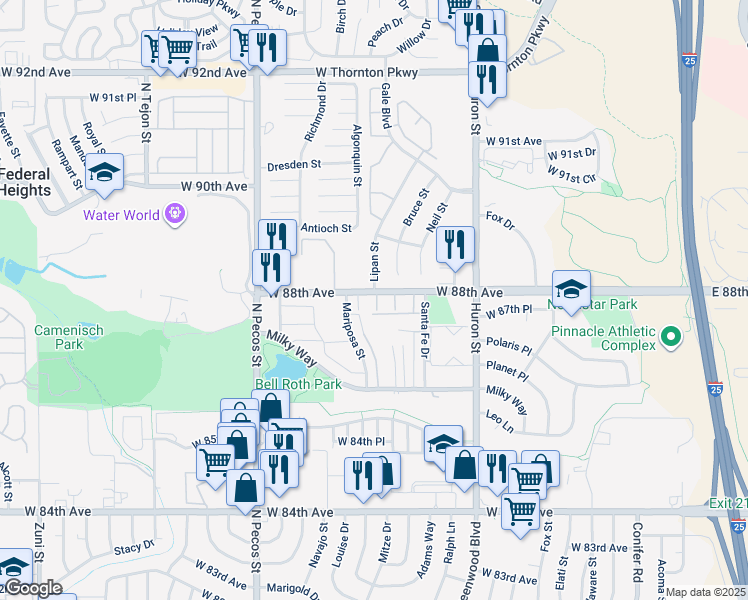 map of restaurants, bars, coffee shops, grocery stores, and more near in Thornton