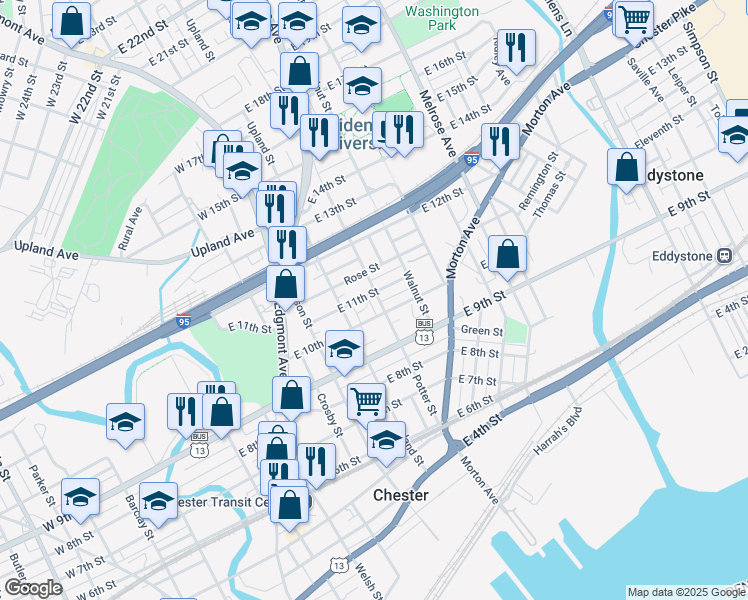 map of restaurants, bars, coffee shops, grocery stores, and more near 1109 Potter Street in Chester