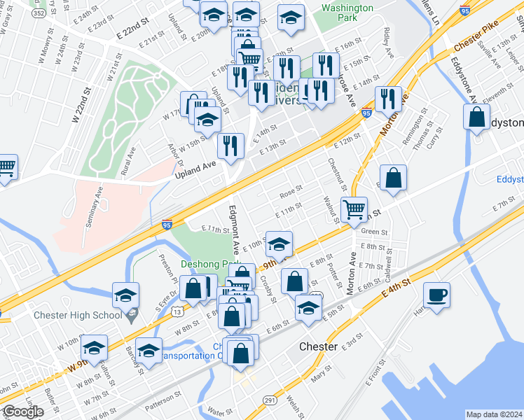 map of restaurants, bars, coffee shops, grocery stores, and more near 1125 Upland Street in Chester