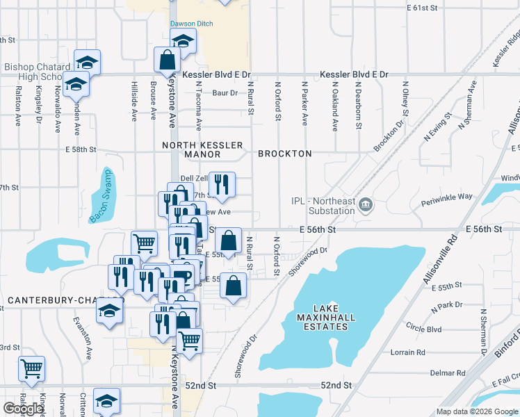map of restaurants, bars, coffee shops, grocery stores, and more near 5644 North Oxford Street in Indianapolis