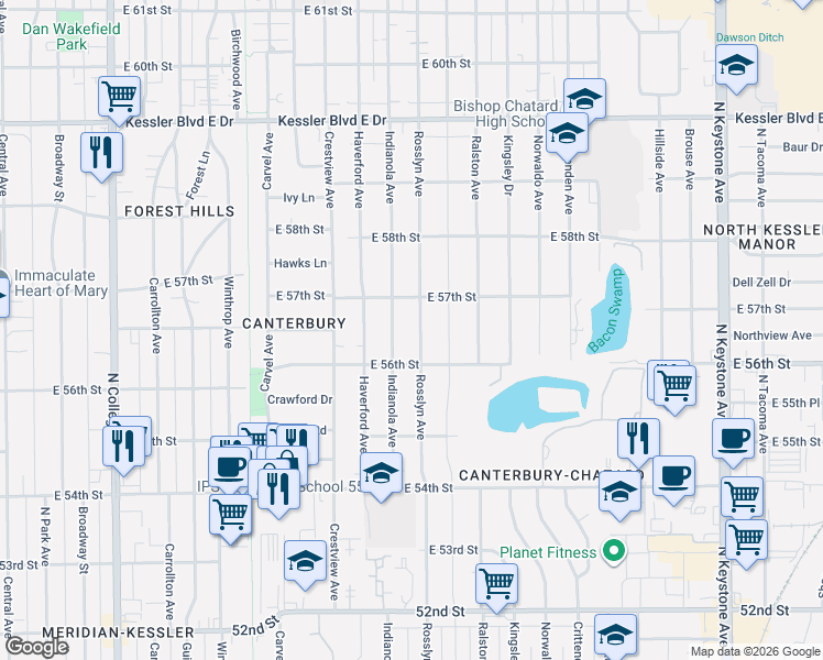 map of restaurants, bars, coffee shops, grocery stores, and more near 5649 Indianola Avenue in Indianapolis
