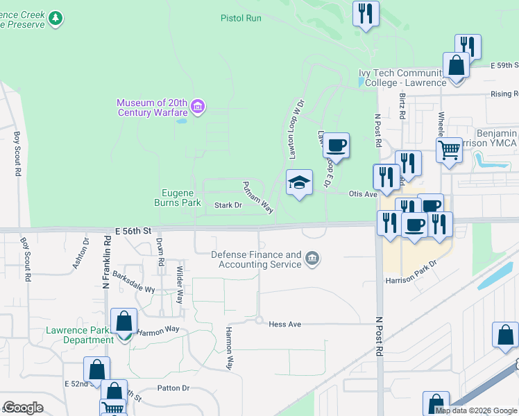 map of restaurants, bars, coffee shops, grocery stores, and more near 5641 Weymouth Drive in Indianapolis