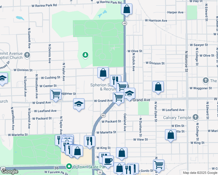 map of restaurants, bars, coffee shops, grocery stores, and more near 1355 North University Avenue in Decatur