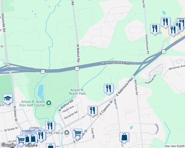 map of restaurants, bars, coffee shops, grocery stores, and more near 414 North Walnut Road in Kennett Square