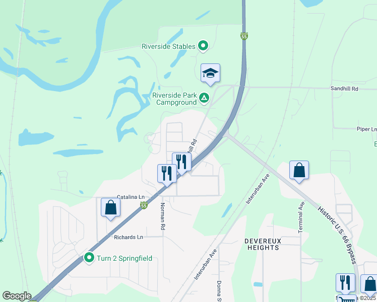 map of restaurants, bars, coffee shops, grocery stores, and more near 3923 Sandhill Road in Springfield