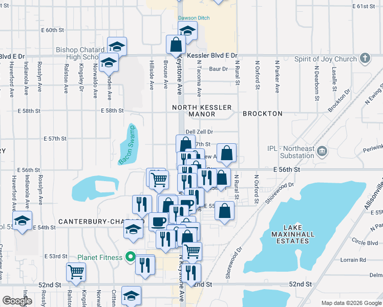 map of restaurants, bars, coffee shops, grocery stores, and more near 2437 East 57th Street in Indianapolis