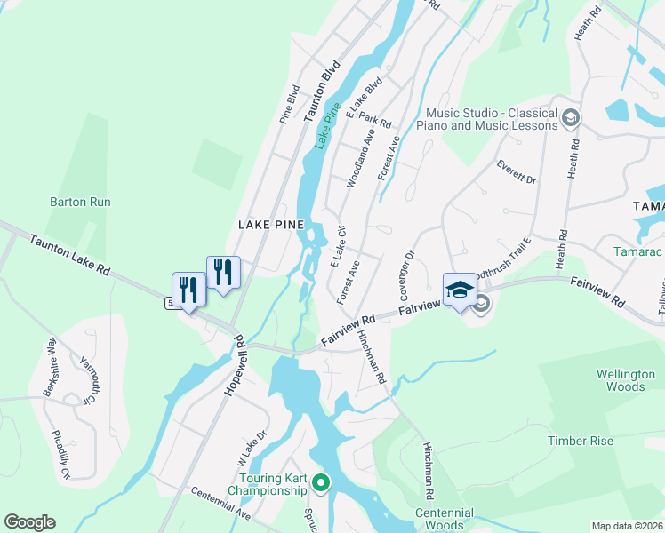 map of restaurants, bars, coffee shops, grocery stores, and more near 16 East Lake Circle in Medford