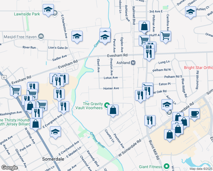 map of restaurants, bars, coffee shops, grocery stores, and more near 209 Lotus Avenue in Voorhees Township
